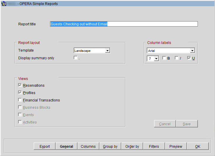 opera simple report - general tab