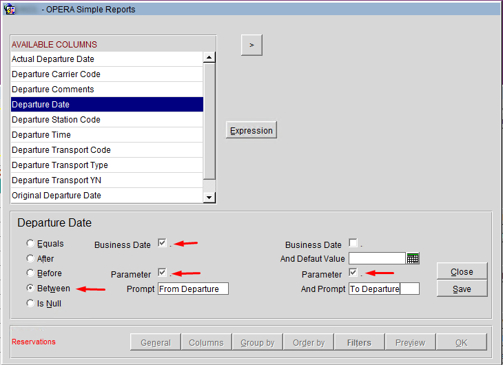 departure date filter opera simple report