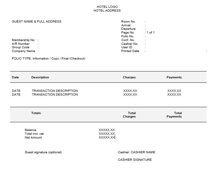 Example of hotel guest folio in 2025