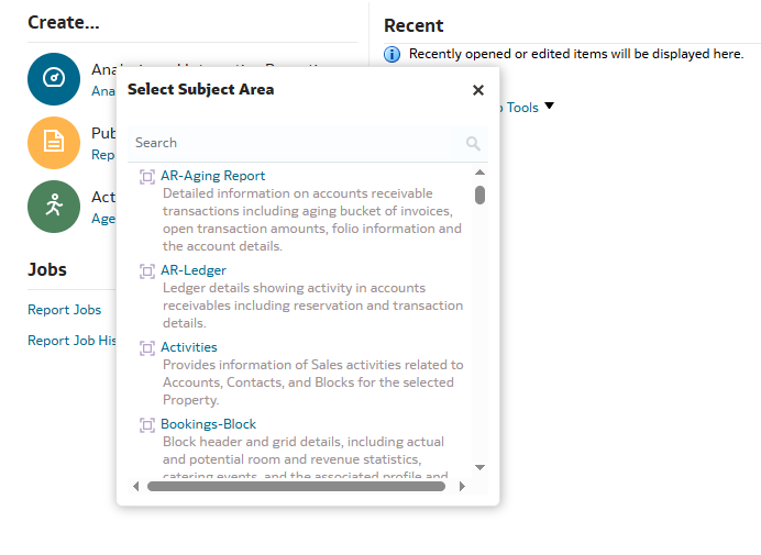 oracle reporting and analytics subject areas